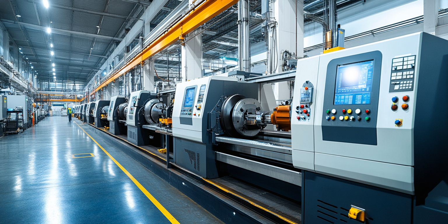 Panoramic view of Delphi Fittings' modern, clean manufacturing floor featuring multiple automated CNC machines in operation, with bright lighting and organized workstations.