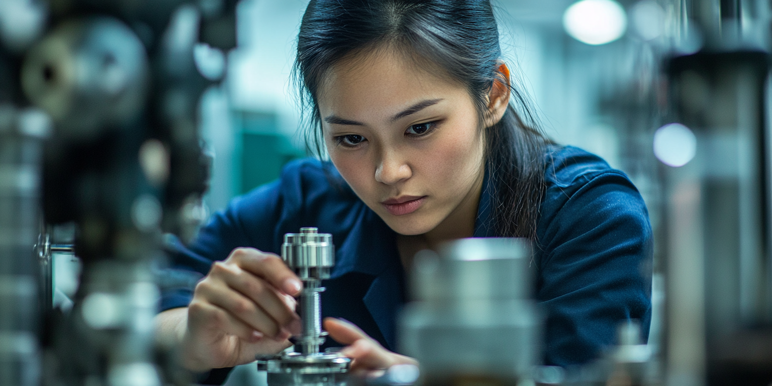 A quality control technician at Delphi Fittings using precision calipers to verify the critical dimensions of a hydraulic adapter.